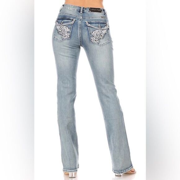 Rhinestone Angel Wing Bootcut Jeans - Picture 1 of 4